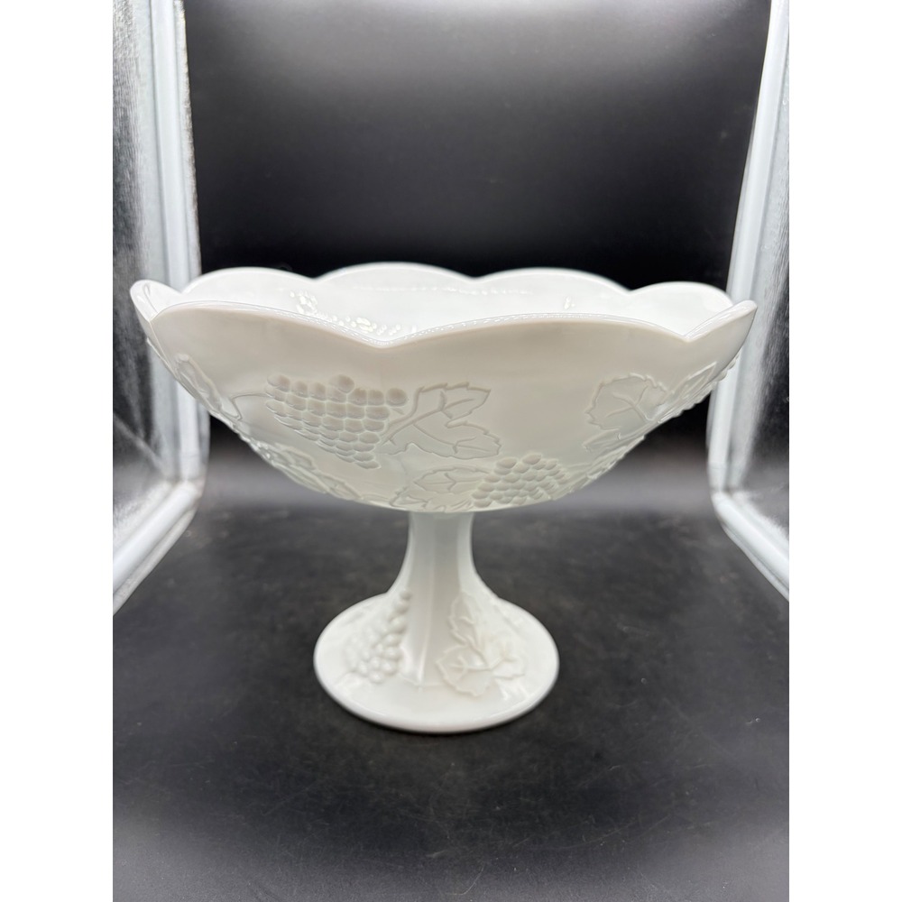Westmoreland Milk Glass Paneled Grape Pedestal Bowl Compote Scalloped Rim 10"